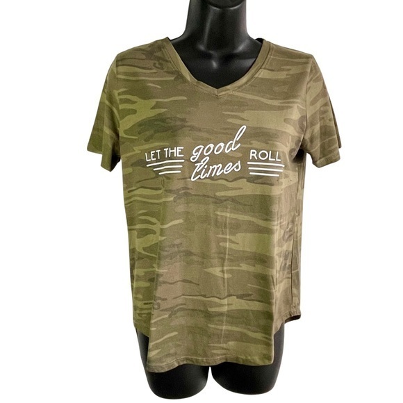 Love Tribe SzM Green Camo Tagless Tee “Let the Gold Times Roll” Poly/Rayon Blend - Picture 1 of 6